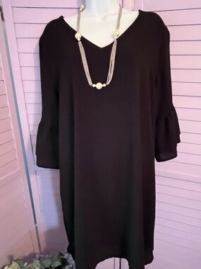 Women's Black V-Neck Shift Dress. Classic lines. Lined. Necklace sold separately